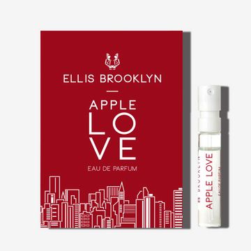 Apple Love 1.5ml Eau De Parfum Vial next to red Apple Love Eau De Parfum vial holder card.