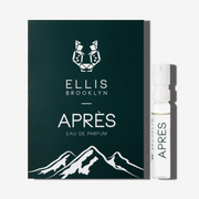 Apres 1.5ml Eau De Parfum Vial next to dark green Apres Eau De Parfum vial holder card.