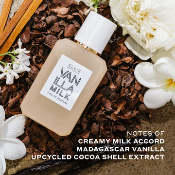 Vanilla Milk 50ml Eau De Parfum and on Cocoa Shells with assorted white flowers, vanilla beans, and sandalwood with white text that reads "Notes of creamy milk accord, Madagascar vanilla, upcycled coca shell extract"