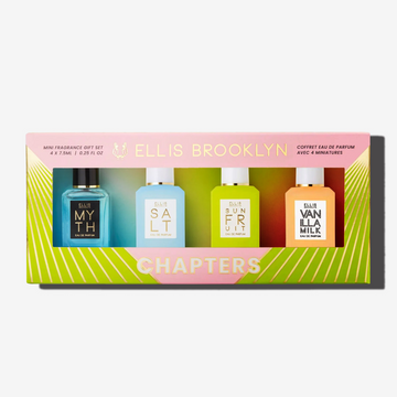 Pink and green Chapters Mini Fragrance Gift Set box showing Myth 7.5ml Eau De Parfum Mini Dabber, Salt 7.5ml Eau De Parfum Mini Dabber, Sun Fruit 7.5ml Eau De Parfum Mini Dabber, and Vanilla MIlk 7.5ml Eau De Parfum Mini Dabber, on white background.