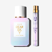 Dear Sky 50ml Eau De Parfum and Dear Sky 10ml Eau De Parfum Travel Spray on white background.