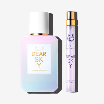 Dear Sky 50ml Eau De Parfum and Dear Sky 10ml Eau De Parfum Travel Spray on white background.