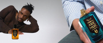 Man with brown hair wearing a brown sweater, gold necklace and gold bracelet laying down with his head propped up by his hand with VANILLA MAN Eau de Parfum 50ml in front of him and a closeup of a man wearing a long sleeve white and blue striped button down and blue jeans holding WORTH AVENUE Eau de Parum 50ml without a cap against a gray background