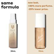 MARSHMALLOWS Perfume Mist 50ml with "50ml" in black text under the bottle on white background with black text that reads "same formula" and MARSHMALLOWS Perfume Mist 90ml with "90ml" in brown text under the bottle on beige background with brown text that reads "new look. +80% more perfume. -25% lower price."