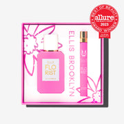 Florist Eau De Parfum Gift Set Box showing Florist 50ml Eau De Parfum and Florist 10ml Eau De Parfum Travel Spray on white background with red Allure The Beauty Export Best of Beauty Award Winner Clean Beauty 2023 badge.