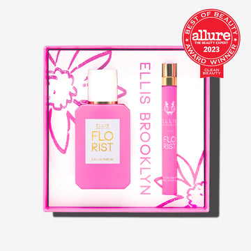 Florist Eau De Parfum Gift Set Box showing Florist 50ml Eau De Parfum and Florist 10ml Eau De Parfum Travel Spray on white background with red Allure The Beauty Export Best of Beauty Award Winner Clean Beauty 2023 badge.
