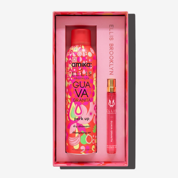 Amika x Ellis Brooklyn GUAVA GRANITA Perk Up Dry Shampoo and GUAVA GRANITA Eau de Parfum 10ml gift set on white background