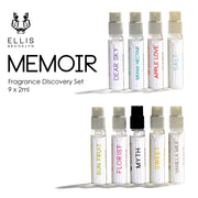 Dear Sky Eau De Parfum 1.5ml Vial, Miami Nectar Eau De Parfum 1.5ml Vial, Apple Love Eau De Parfum 1.5ml Vial, Salt Eau De Parfum 1.5ml Vial, Sun Fruit Eau De Parfum 1.5ml Vial, Florist Eau De Parfum 1.5ml Vial, Myth Eau De Parfum 1.5ml Vial,  Sweet Eau De Parfum 1.5ml Vial, and Vanilla Milk Eau De Parfum 1.5ml Vial, on white background with black Ellis Brooklyn logo and black text that reads "Memoir Fragrance Discovery Set 9 x2ml".