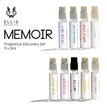 Dear Sky Eau De Parfum 1.5ml Vial, Miami Nectar Eau De Parfum 1.5ml Vial, Apple Love Eau De Parfum 1.5ml Vial, Salt Eau De Parfum 1.5ml Vial, Sun Fruit Eau De Parfum 1.5ml Vial, Florist Eau De Parfum 1.5ml Vial, Myth Eau De Parfum 1.5ml Vial,  Sweet Eau De Parfum 1.5ml Vial, and Vanilla Milk Eau De Parfum 1.5ml Vial, on white background with black Ellis Brooklyn logo and black text that reads "Memoir Fragrance Discovery Set 9 x2ml".