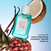 Miami Nectar 50ml Eau De Parfum with pink pineapple, vanilla beans, and coconut on light blue background with black text that reads "Notes of Pink Pineapple, Coconut Water, Vanilla".