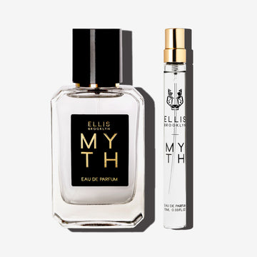 Myth 50ml Eau De Parfum 50ml and Myth 10ml Eau De Parfum Travel Spray on white background. 