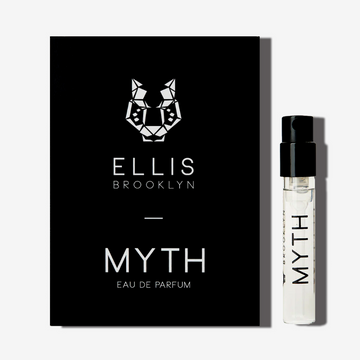 Myth 1.5ml Eau De Parfum Vial next to black Myth Eau De Parfum vial holder card.