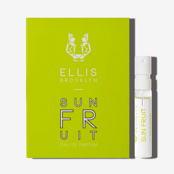 Sun Fruit 1.5ml Eau De Parfum Vial next to yellow green Sun Fruit Eau De Parfum vial holder card.