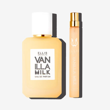Vanilla Milk 50ml Eau De Parfum and Vanilla Milk 10ml Eau De Parfum Travel Spray on white background. 