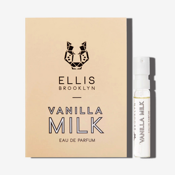 Vanilla Milk 1.5ml Eau De Parfum Vial next to beige Vanilla Milk Eau De Parfum vial holder card.